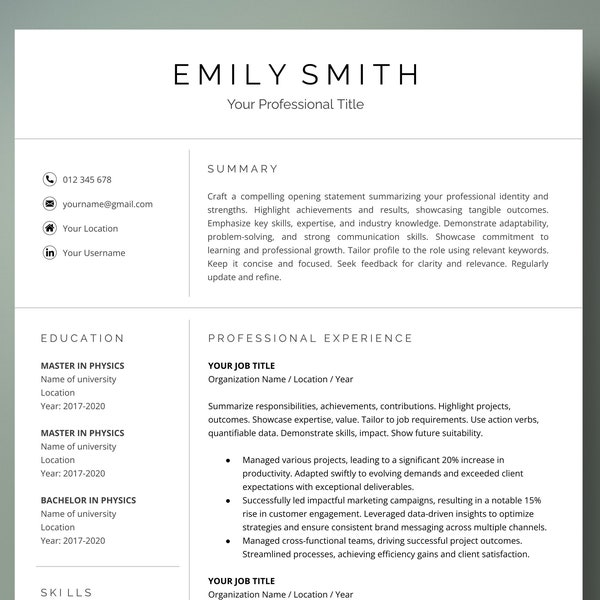 Professional Resume Template, Google Docs, Word, 1-3 Page Resume Template, Cover Letter & References Template, Modern Minimalist CV Template