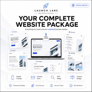Pu&ograve; includere: Una pubblicit&agrave; di servizi digitali per Launch Labs con un computer portatile che mostra un sito web, circondato da cinque anteprime di pagine tra cui Home, Servizi, Chi siamo, Portfolio e Contatti, con icone per mobile e SEO.