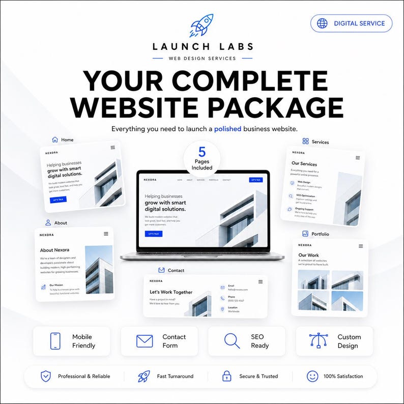 Pu&ograve; includere: Una pubblicit&agrave; di servizi digitali per Launch Labs con un computer portatile che mostra un sito web, circondato da cinque anteprime di pagine tra cui Home, Servizi, Chi siamo, Portfolio e Contatti, con icone per mobile e SEO.