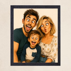 May include: A framed digital illustration of a family of three making silly faces. A person with dark hair wears a dark green t-shirt, a person with blonde hair wears a floral blouse, and a child wears a blue and white long-sleeve shirt.