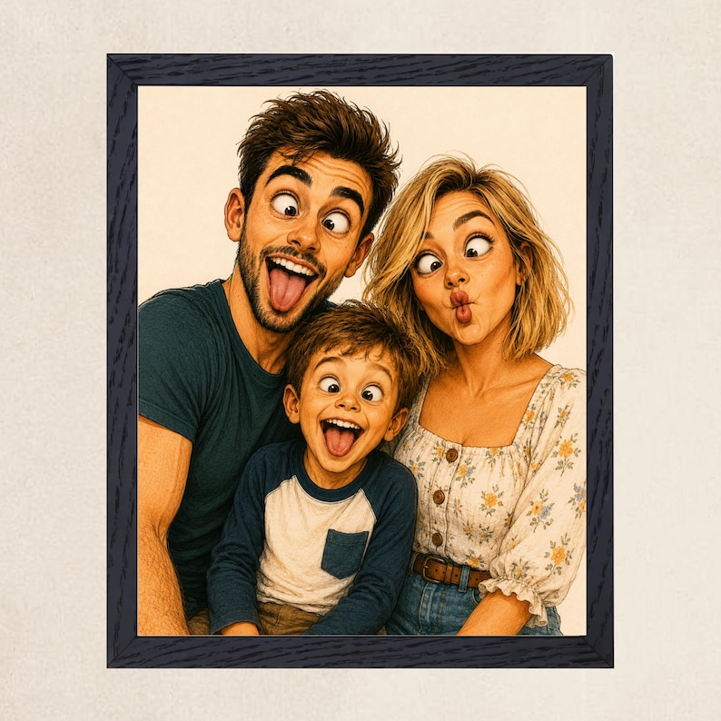 May include: A framed digital illustration of a family of three making silly faces. A person with dark hair wears a dark green t-shirt, a person with blonde hair wears a floral blouse, and a child wears a blue and white long-sleeve shirt.