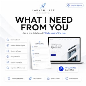 Pu&ograve; includere: Una grafica di servizio digitale per i servizi di web design di Launch Labs. Presenta un computer portatile che mostra un sito web, un documento di brief del sito web e una lista di controllo dei requisiti, inclusi dettagli aziendali, obiettivi e contenuti.
