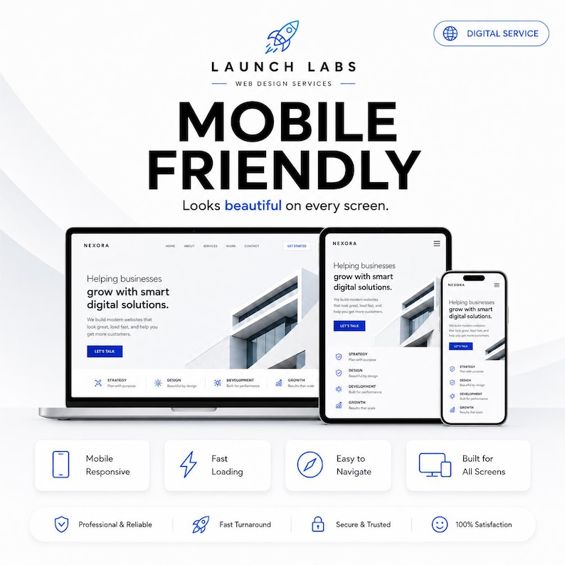 Pu&ograve; includere: Una pubblicit&agrave; di servizi digitali per i servizi di web design di Launch Labs con un laptop, un tablet e uno smartphone che mostrano un sito web. Il testo recita Mobile Friendly, Looks beautiful on every screen ed elenca varie funzioni.