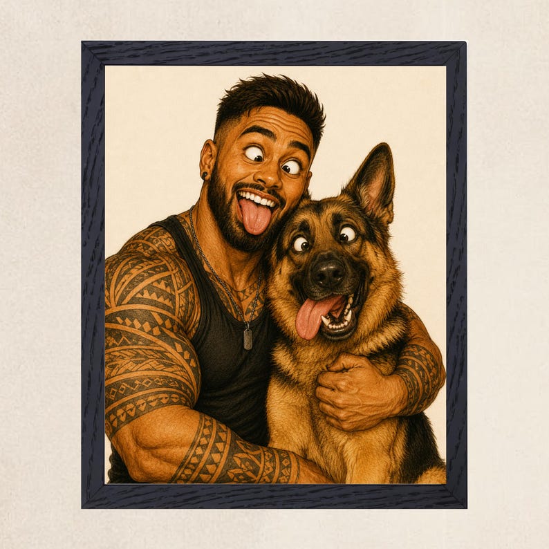 May include: A framed portrait featuring a person with dark hair, a beard, and extensive arm tattoos wearing a black tank top, embracing a German Shepherd dog. Both the person and the dog have their eyes crossed and tongues sticking out.