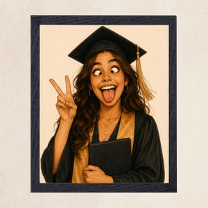 May include: A framed illustration of a person wearing a black graduation cap with a gold tassel and a black gown with a gold stole. The person is making a silly face with crossed eyes and tongue out, holding a black diploma folder and making a peace sign.