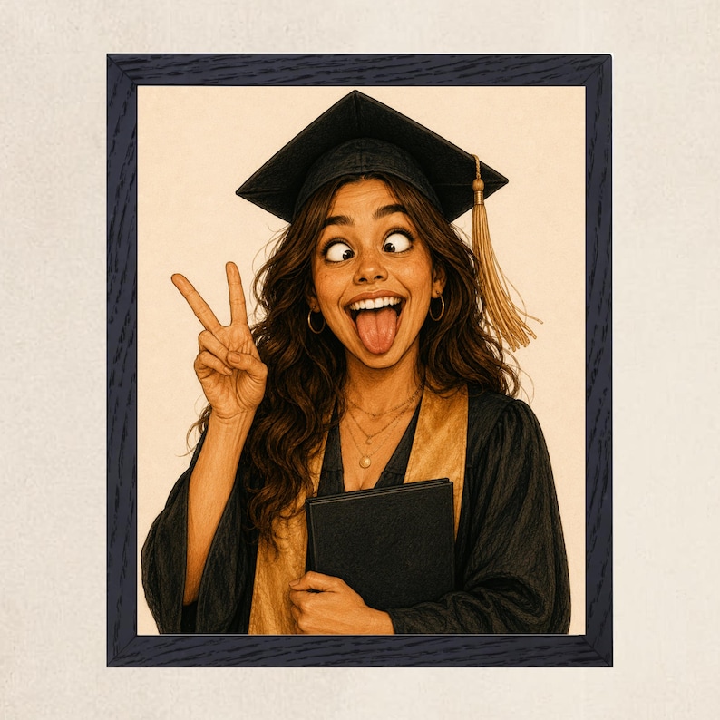 May include: A framed illustration of a person wearing a black graduation cap with a gold tassel and a black gown with a gold stole. The person is making a silly face with crossed eyes and tongue out, holding a black diploma folder and making a peace sign.