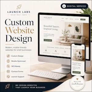 Puede incluir: Un anuncio de servicio digital para diseño web personalizado de Launch Labs. El gráfico muestra un monitor de computadora y un teléfono inteligente con un sitio web para Avenue Interiors, incluyendo elementos de texto como Custom Website Design.