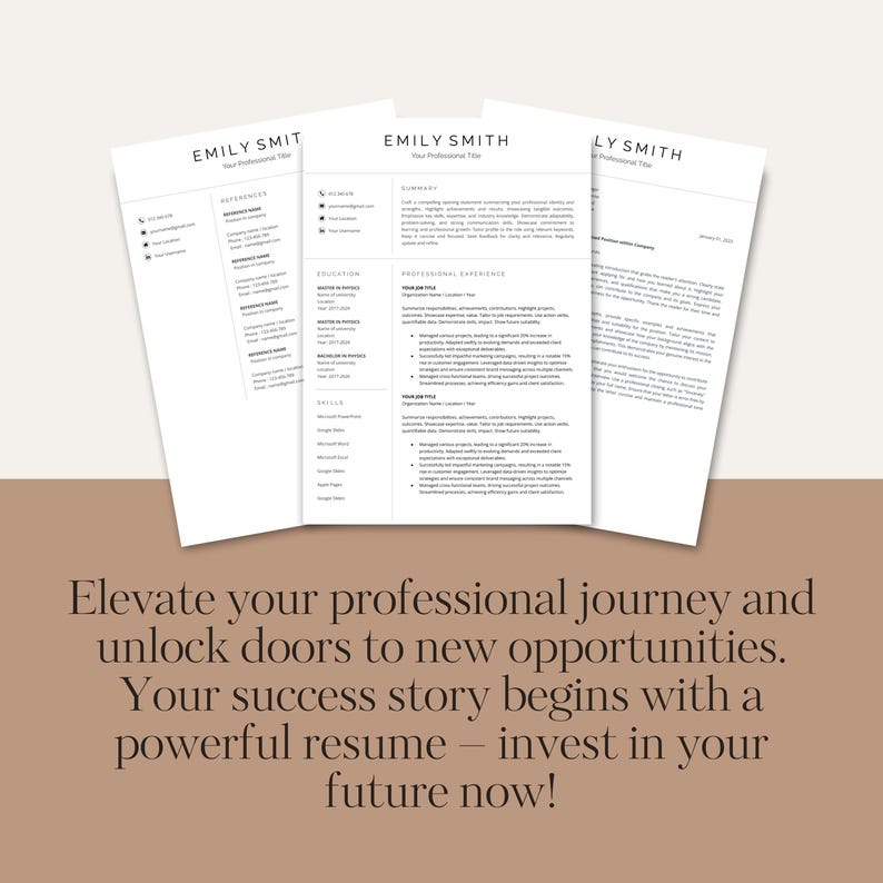 Puede incluir: Tres plantillas de curr&iacute;culum vitae blancas con el nombre "EMILY SMITH" en la parte superior. Los curr&iacute;culums est&aacute;n en &aacute;ngulo, con texto en fuente negra. La parte inferior de la imagen tiene el texto "Elevate your professional journey and unlock doors to new opportunities."