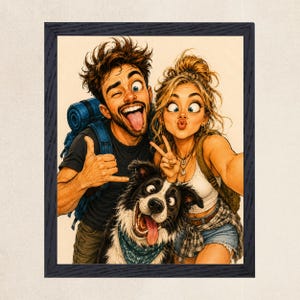 May include: A framed illustration of a person with messy brown hair wearing a black t-shirt and blue backpack, a person with blonde hair in a bun wearing a white tank top, and a black and white dog with a blue bandana, all making silly faces.