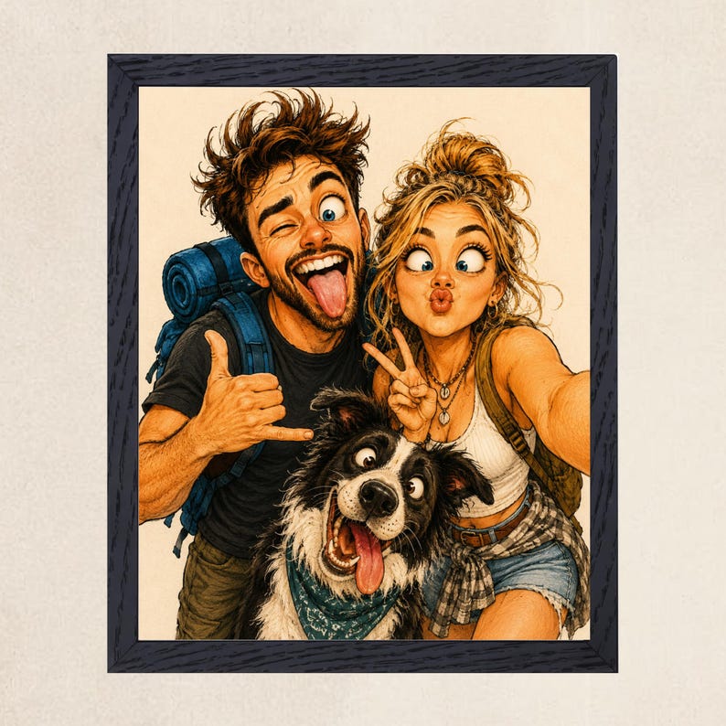 May include: A framed illustration of a person with messy brown hair wearing a black t-shirt and blue backpack, a person with blonde hair in a bun wearing a white tank top, and a black and white dog with a blue bandana, all making silly faces.