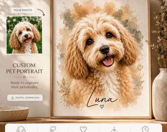 Custom Watercolor Pet Portrait From Photo, Personalized Dog & Cat Portrait, Pet Memorial Gift, Digital Download