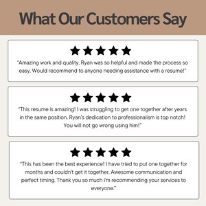 Puede incluir: Imagen con el texto "What Our Customers Say". Debajo, tres rese&ntilde;as de clientes con valoraciones de cinco estrellas. Las rese&ntilde;as elogian la calidad, la ayuda y el profesionalismo del servicio.