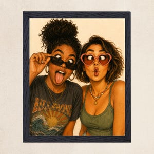 May include: A framed illustration of two individuals making faces. One wears a dark gray t-shirt with a Billabong graphic and black sunglasses. The other wears a green tank top and pink heart-shaped glasses. Both have gold hoop earrings and necklaces.
