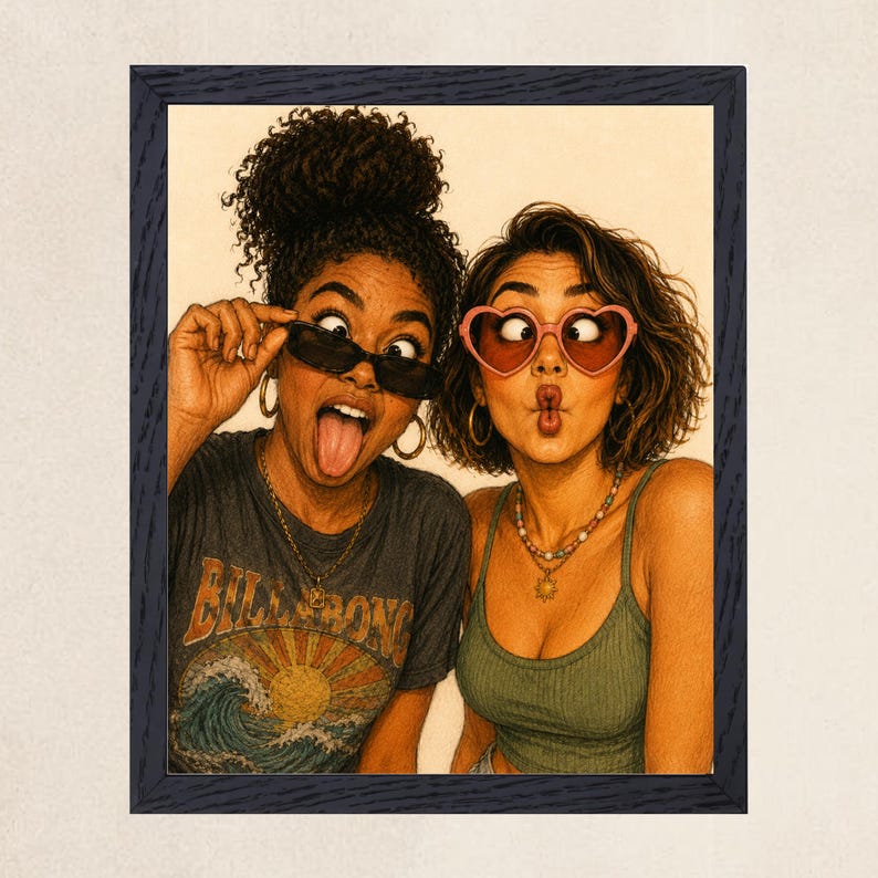 May include: A framed illustration of two individuals making faces. One wears a dark gray t-shirt with a Billabong graphic and black sunglasses. The other wears a green tank top and pink heart-shaped glasses. Both have gold hoop earrings and necklaces.