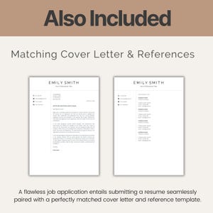 Puede incluir: Una plantilla de curr&iacute;culum vitae profesional con una carta de presentaci&oacute;n y referencias a juego. El curr&iacute;culum y la carta de presentaci&oacute;n son blancos con texto negro. El texto "Also Included" y "Matching Cover Letter & References" est&aacute;n en la parte superior.