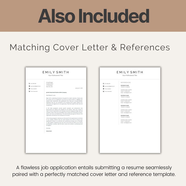Puede incluir: Una plantilla de curr&iacute;culum vitae profesional con una carta de presentaci&oacute;n y referencias a juego. El curr&iacute;culum y la carta de presentaci&oacute;n son blancos con texto negro. El texto "Also Included" y "Matching Cover Letter & References" est&aacute;n en la parte superior.
