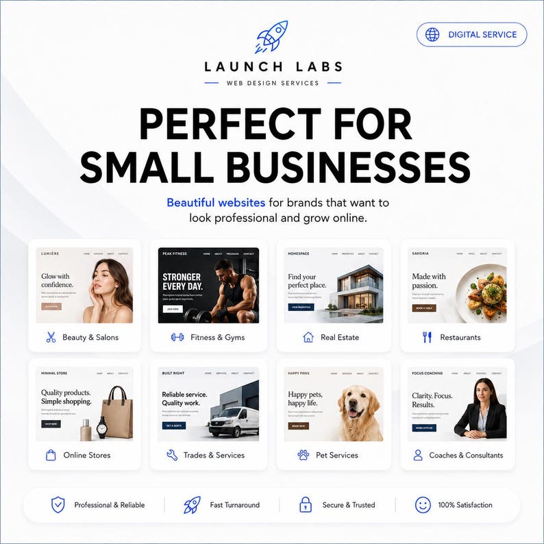 Pu&ograve; includere: Un annuncio di servizio digitale per i servizi di web design di Launch Labs. La grafica presenta il testo Perfect for Small Businesses e mostra otto modelli di siti web per vari settori, tra cui bellezza, fitness, immobiliare e vendita al dettaglio.