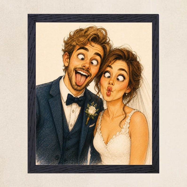 May include: A framed colored pencil illustration of a couple making silly faces. The person on the left wears a navy blue suit with a white shirt, dark bowtie, and white boutonniere. The person on the right wears a white lace wedding dress.
