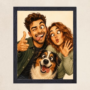 May include: A framed illustration featuring a person with brown hair winking and sticking out their tongue, another person with wavy auburn hair making a silly face, and a tricolor Australian Shepherd dog with its tongue out, all in a cartoon style.