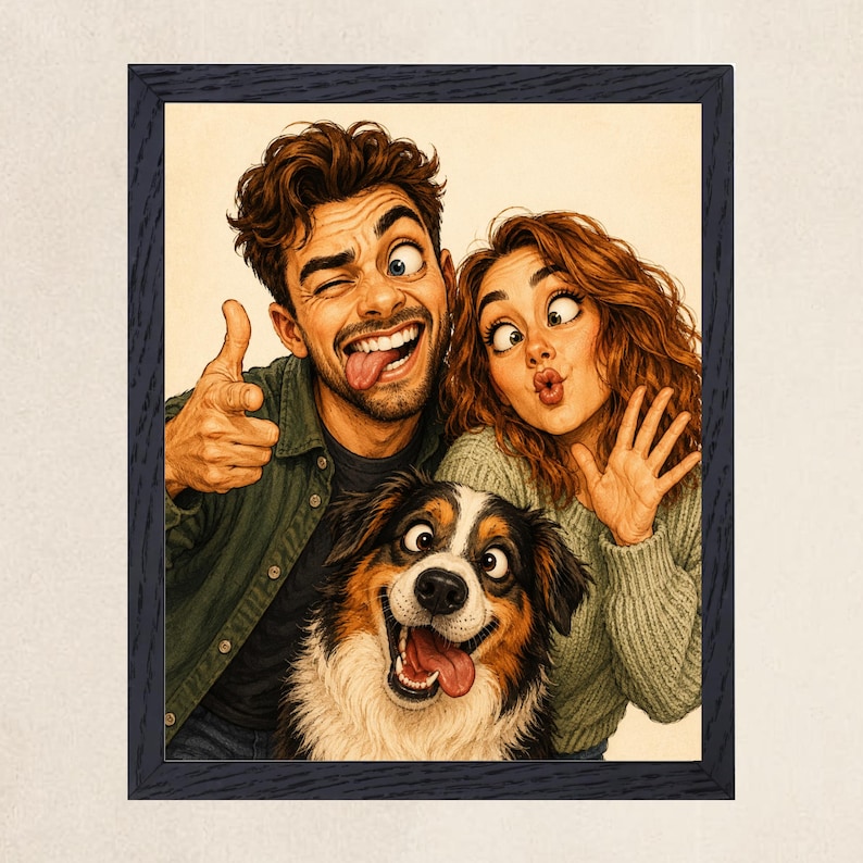 May include: A framed illustration featuring a person with brown hair winking and sticking out their tongue, another person with wavy auburn hair making a silly face, and a tricolor Australian Shepherd dog with its tongue out, all in a cartoon style.