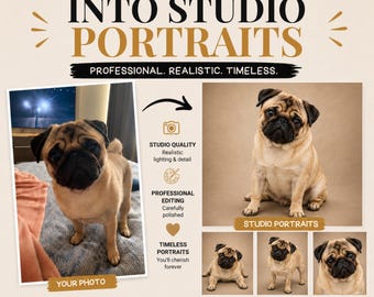 Custom Pet Portraits From Photo, Set of 4 Studio Dog or Cat Portraits, Personalized Digital Pet Gift