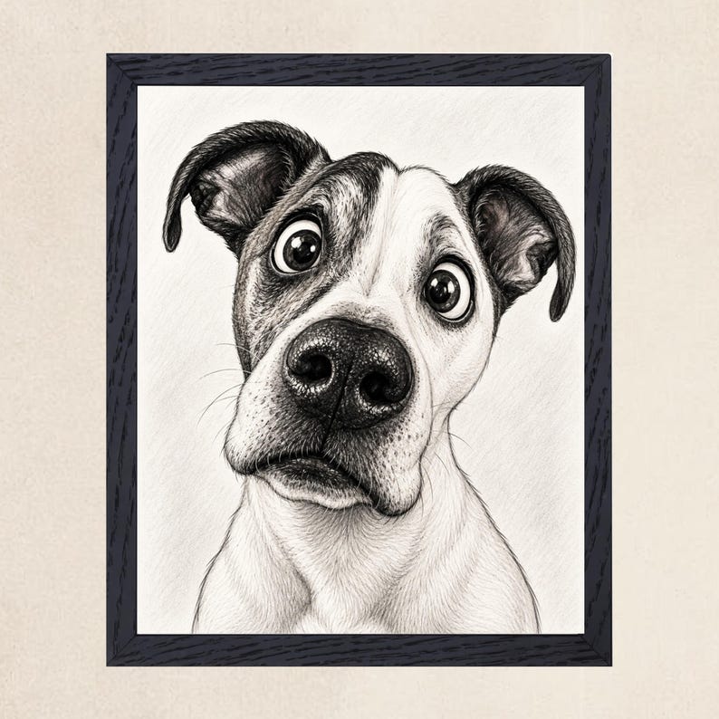 May include: A black and white pencil sketch of a dog with large, wide eyes and floppy ears, captured in a close-up portrait style. The drawing is encased in a dark, textured rectangular frame, highlighting the detailed shading and fur texture.