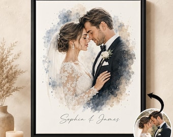 Personalized Watercolor Couple Portrait from Photo, Custom Wedding Gift, Anniversary Print, Newlywed Gift, Romantic Bedroom Wall Art
