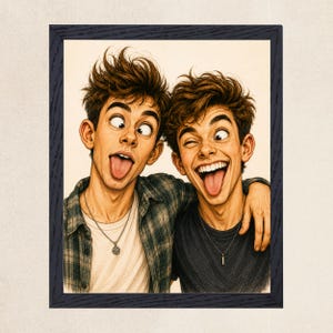 May include: A framed illustration of two individuals with messy brown hair making silly faces with tongues out. One wears a plaid shirt over a white t-shirt with a round pendant necklace, while the other wears a dark t-shirt and a rectangular pendant.