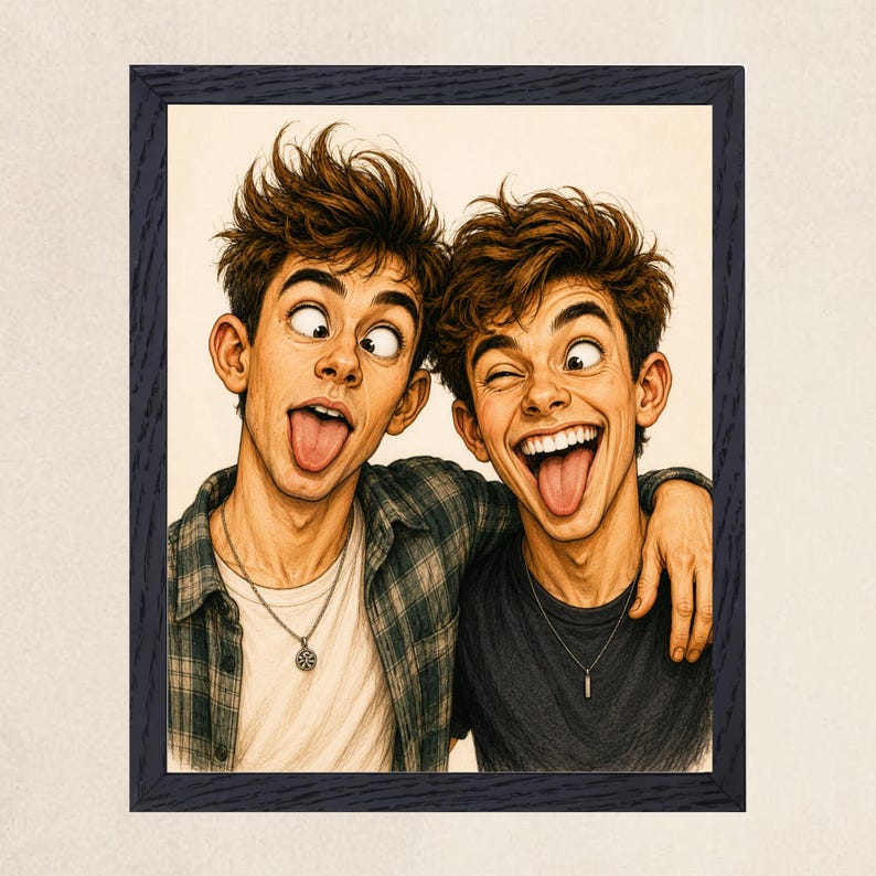 May include: A framed illustration of two individuals with messy brown hair making silly faces with tongues out. One wears a plaid shirt over a white t-shirt with a round pendant necklace, while the other wears a dark t-shirt and a rectangular pendant.