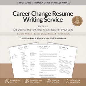 May include: A career change resume writing service advertisement featuring the text Trusted by thousands of professionals, Career Change Resume Writing Service, ATS-Optimized Career Change Resume Tailored To Your Goals, and Transition Into A New Career With Confidence.