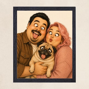 May include: A framed digital illustration featuring a person with dark hair and a mustache, a person with pink hair, and a fawn-colored pug. All three subjects have wide, cross-eyed expressions and open mouths, set within a dark textured frame.