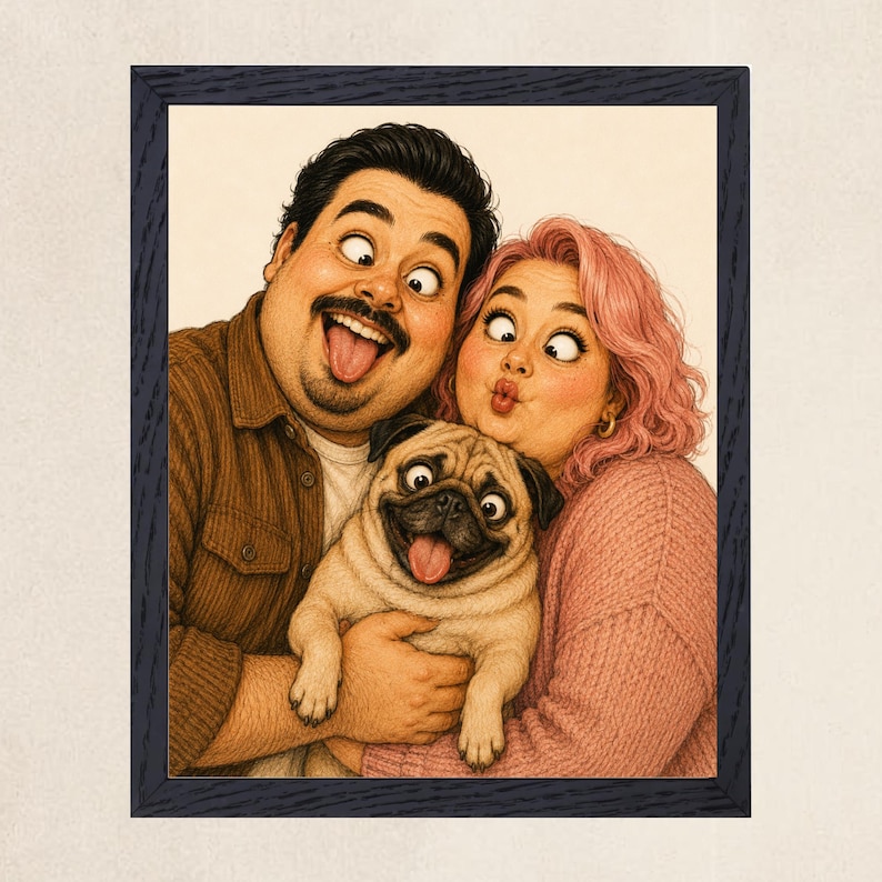 May include: A framed digital illustration featuring a person with dark hair and a mustache, a person with pink hair, and a fawn-colored pug. All three subjects have wide, cross-eyed expressions and open mouths, set within a dark textured frame.