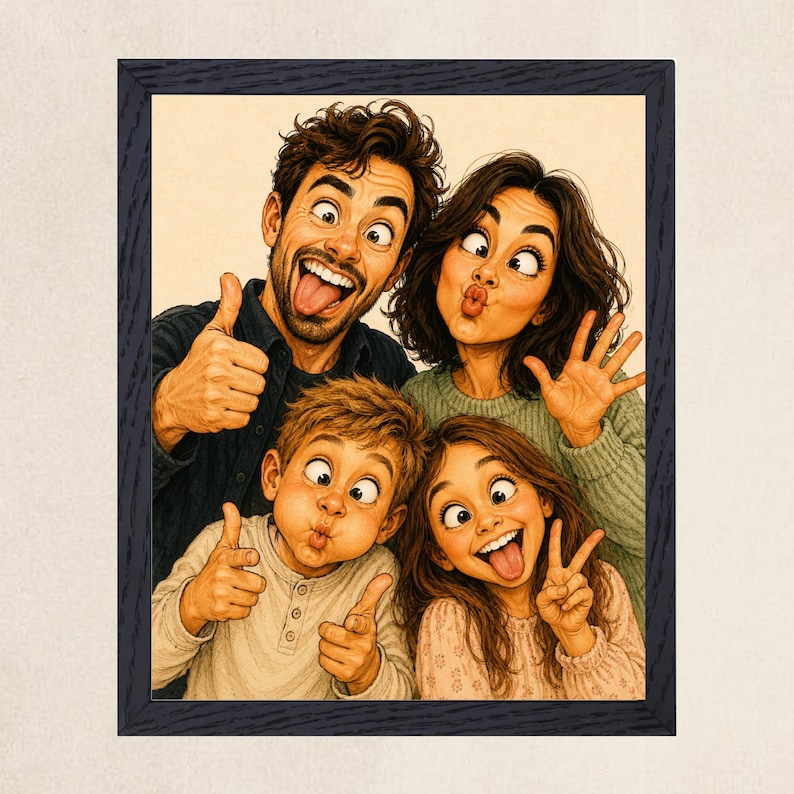 May include: A framed illustration of a family of four making silly faces. The father has a beard and gives a thumbs up, the mother makes a kissy face, the son puffs his cheeks, and the daughter smiles with a peace sign. All have wide eyes.