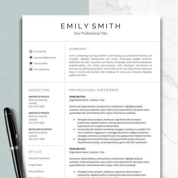 Professional Resume Template, Google Docs, Word, 1-3 Page Resume Template, Cover Letter & References Template, Modern Minimalist CV Template