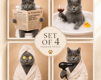 Custom Cat Bathroom Portraits (Set of 4), Funny Cat Spa Prints, Personalized Bathroom Wall Art, Digital Download