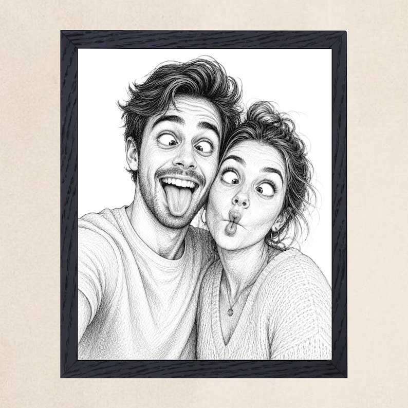 May include: A black and white pencil sketch style portrait of two people making silly faces, with one person sticking their tongue out and the other making a fish face, enclosed in a dark textured rectangular frame against a light background.