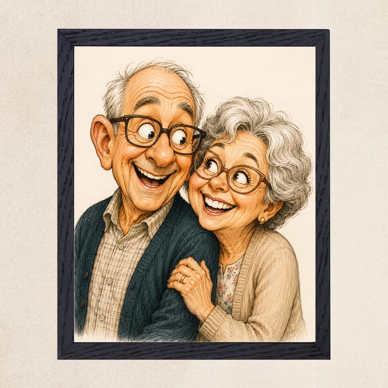 May include: A framed illustration of an elderly couple with gray hair and glasses, both smiling broadly. The person on the left wears a plaid shirt and a dark blue cardigan, while the person on the right wears a beige cardigan over a floral top.
