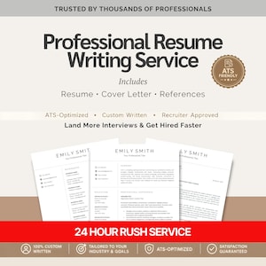 Puede incluir: Imagen que promociona un servicio profesional de redacci&oacute;n de curr&iacute;culums. El texto incluye "Professional Resume Writing Service" y "Resume, Cover Letter, References". La imagen tambi&eacute;n destaca las funciones de "24 Hour Rush Service" y "ATS-Optimized".