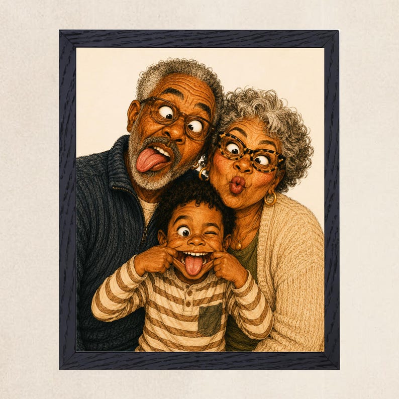 May include: A framed illustration of an older man with gray hair and glasses, an older woman with gray curly hair and glasses, and a young child. The man sticks his tongue out, the woman puckers her lips, and the child pulls their mouth wide.