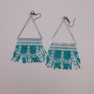 Blue and white beaded drop earrings