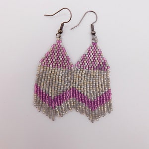 Purple and silver beaded fringe earrings