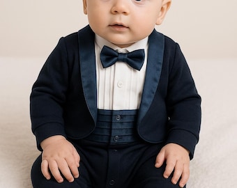Baby Boy Tuxedo Romper | Formal Bow Tie Outfit, Photoshoot Suit