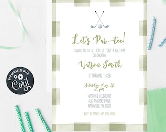 May include: A green and white gingham patterned invitation with a watercolor illustration of golf clubs and a golf ball. The text reads "Let's Par-tee!" and "Watson Smith is turning three". The invitation includes the date, time, and location of the party.