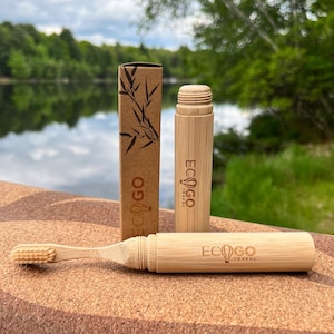 EcoGoTravel Screwable Bamboo Travel Toothbrush | 2-Piece Set with Head & Case | Natural, Compact Biodegradable Oral Care for On-the-Go