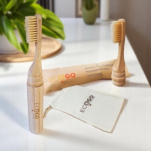 EcoGoTravel Screwable Bamboo Travel Toothbrush Starter Kit – Toothbrush, Replacement Head, and Cotton Bag – Eco-Friendly & Compact