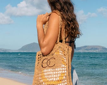 Natural Raffia Straw Tote Bag, See-Through Beach Shoulder Bag