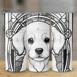 May include: A white tumbler with a black and white illustration of a dog's face in a stained glass style. The dog is looking directly at the viewer.
