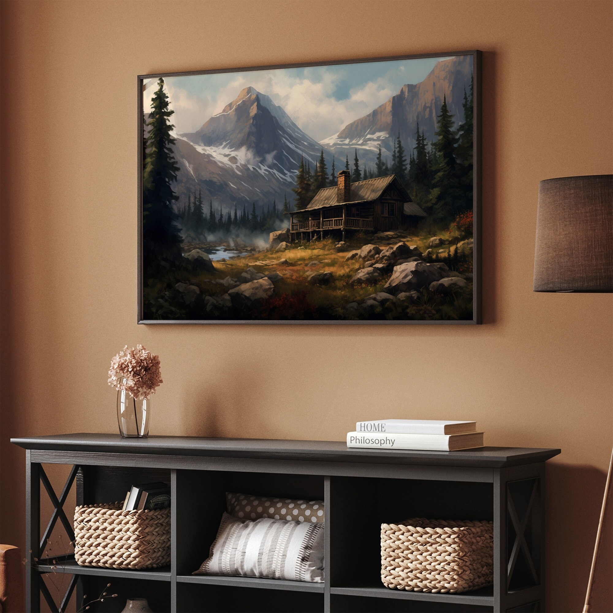 Mountain Cabin Decor Vintage Print | Wilderness Digital Oil Painting ...