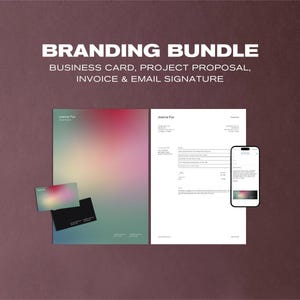Könnte beinhalten: Grafik eines Branding-Pakets mit dem Text "BRANDING BUNDLE" und dem Untertext "BUSINESS CARD, PROJECT PROPOSAL, INVOICE & EMAIL SIGNATURE." Das Bild enthält eine Visitenkarte, einen Projektvorschlag, eine Rechnung und ein Smartphone.