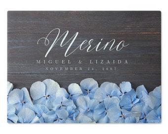 Tagliere in vetro personalizzato, vassoio per salumi in vetro temperato personalizzato in legno con tagliere in vetro con fiori blu